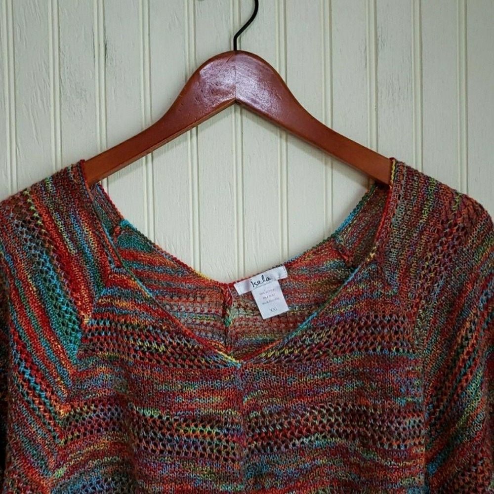 Isela Sweater Tunic Womens XXL Multicolor V Neck Short Sleeve Open Knit Sheer